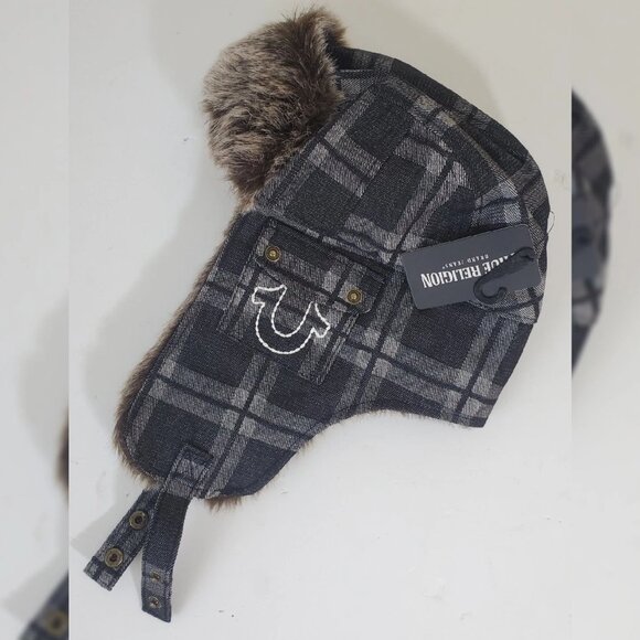 TRUE RELIGION DENIM FAUX FUR TRAPPER AVIATOR HAT STITCHED HORSESHOE LOGO POCKET - Picture 1 of 6
